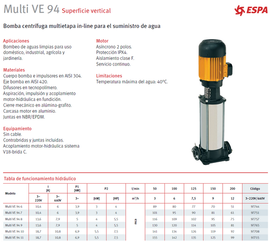 Bomba vertical ESPA VE 94 10, 7.5 HP