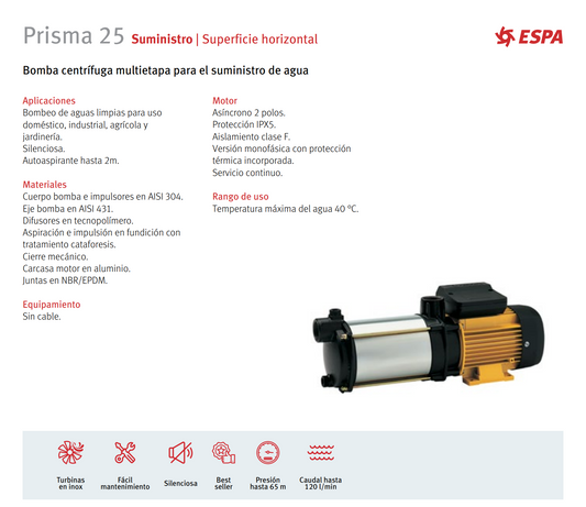 BOMBA CENTRIFUGA PRISMA 25 4, 2 HP, 220/440 V, 3F