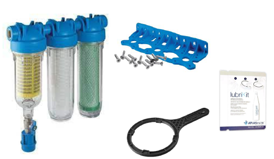 Combo 5: Filtración de sedimentos de TRES etapas (90 y 5 micras) + cloro/olor/sabor - auto limpiante