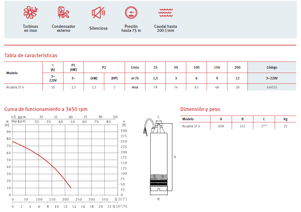 Bomba sumergible ACUARIA 37 4, 220V, 3F, 3HP