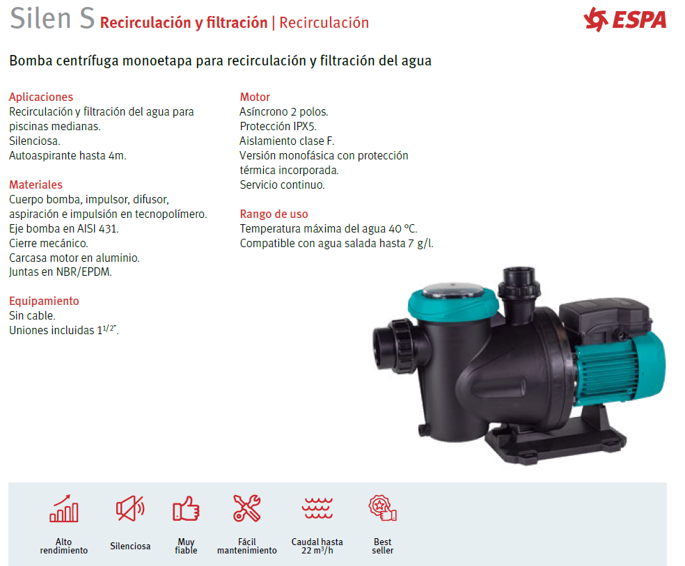 Bomba de piscina SILEN S150, 1.5 HP, 220V