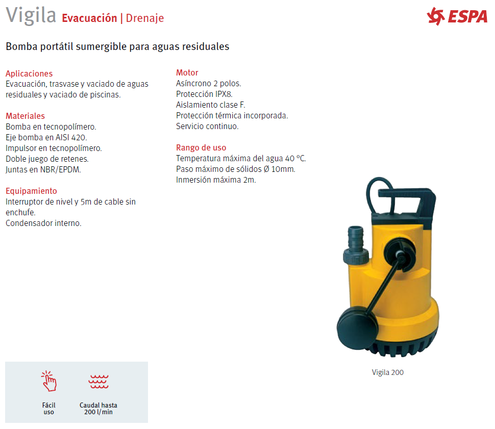 Bomba de drenaje VIGILA 350 MA, 1/2 HP, 220V