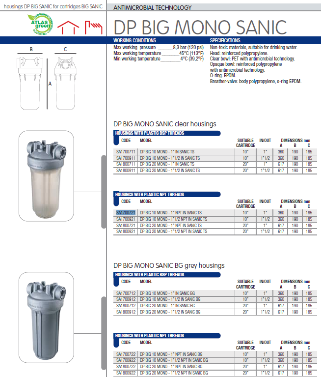 Carcasa para filtro BIG 10 transparente - MONO Antimicrobiana 4.5"x10", 1-1/2" NPT