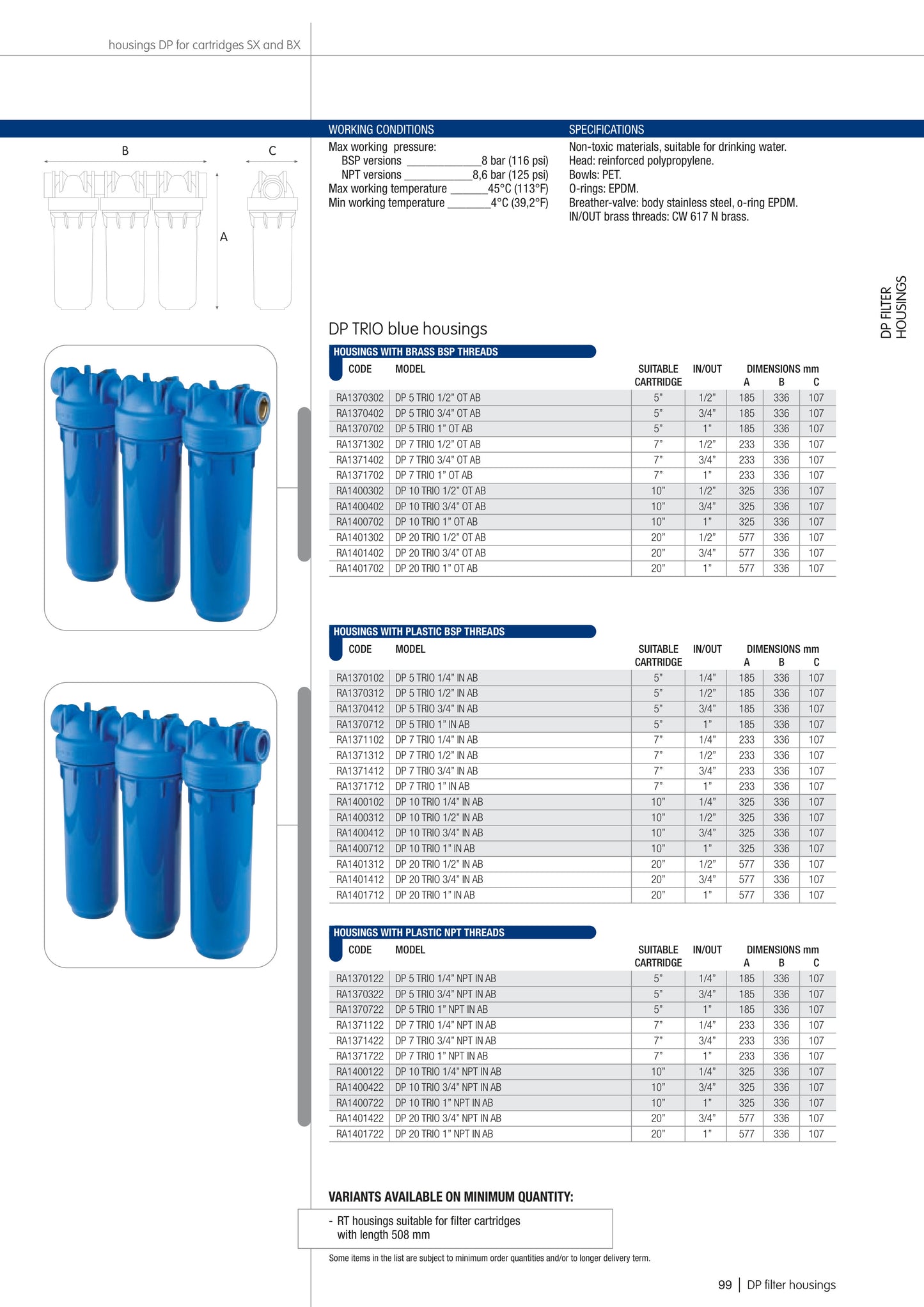 Carcasa para filtro azul - TRIO 2.5"x10", 3/4" NPT