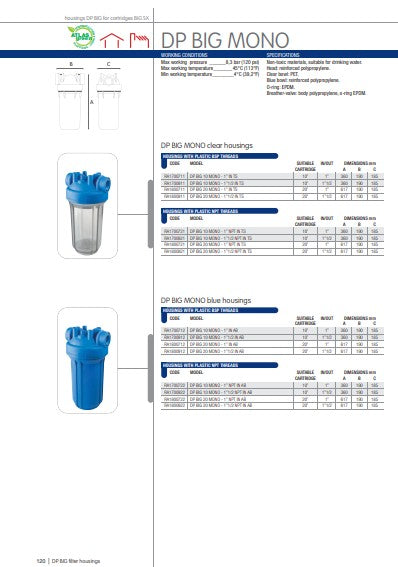 Carcasa para filtro BIG 10 transparente - MONO 4.5"x10", 1" NPT
