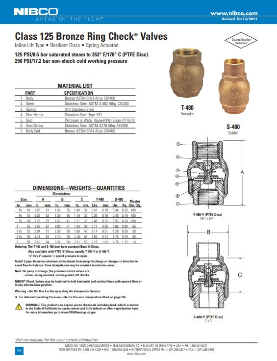 VALVULA DE RETENCION DE ANILLO ROSCADO - BRONCE NIBCO - UL NSF 250 PSI 1 1/2" - MIOM0385