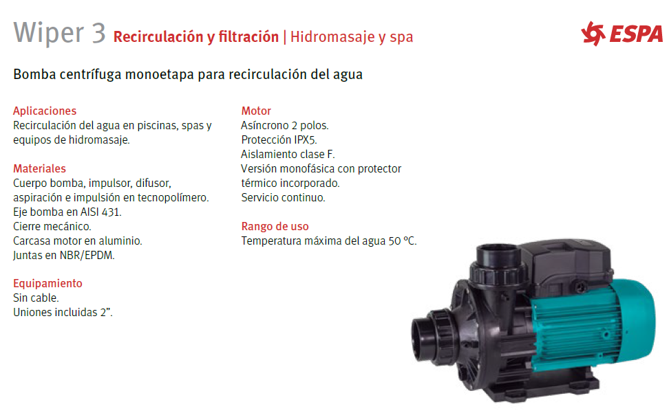 Bomba para jacuzzi WIPER 3 200M , 2 HP