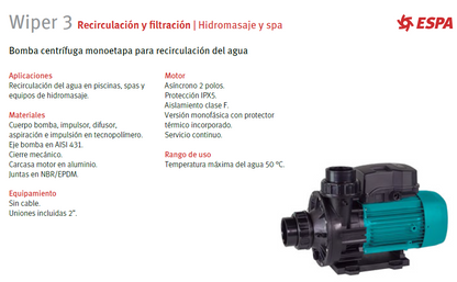 Bomba para jacuzzi WIPER 3 200M , 2 HP