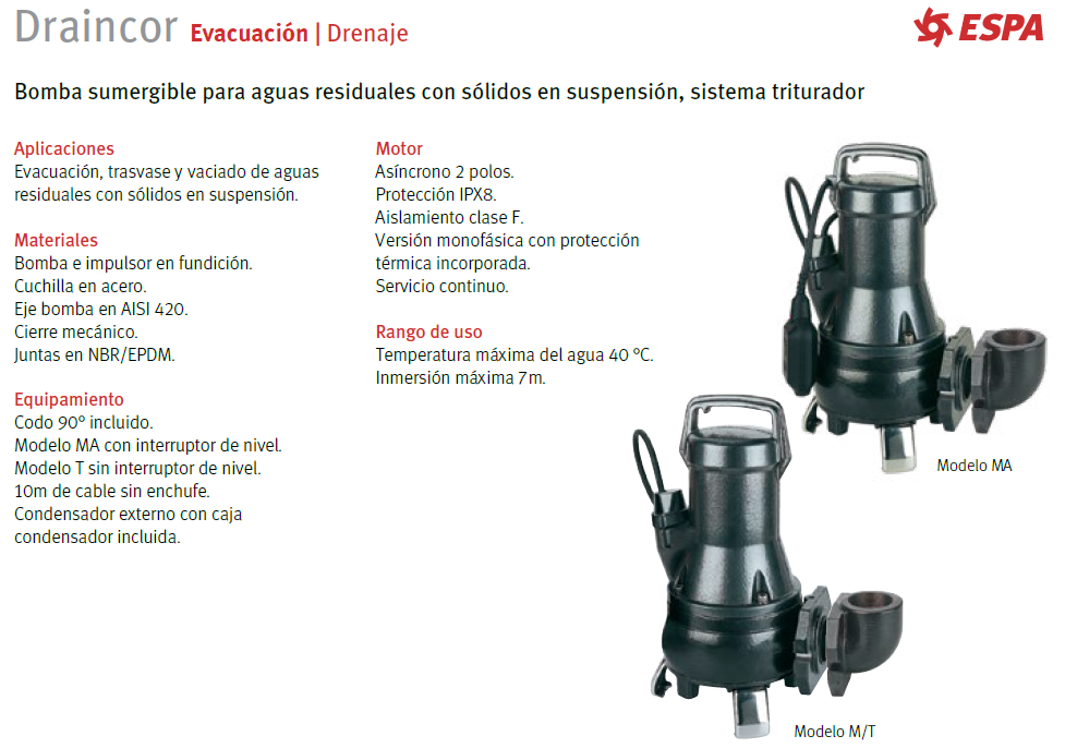 DRAINCOR - bomba de drenaje 1.5 HP - con triturador