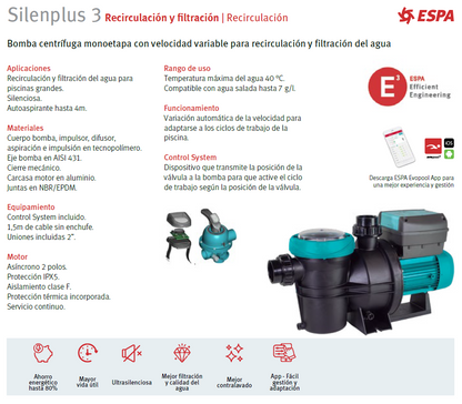 Bomba de piscina SILEN PLUS 3M ,3 HP, velocidad variable