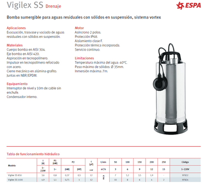 Bomba de drenaje y aguas residuales VIGILEX SS 850, 0.5HP