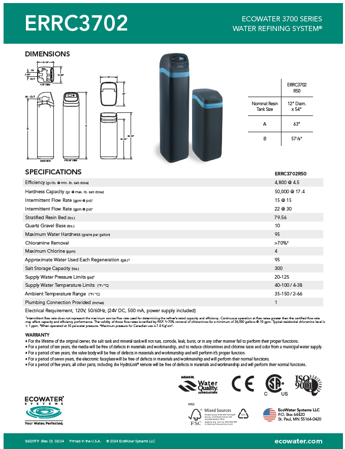 Suavizador y acondicionador de agua ECOWATER ERR3702 R50 - WiFi