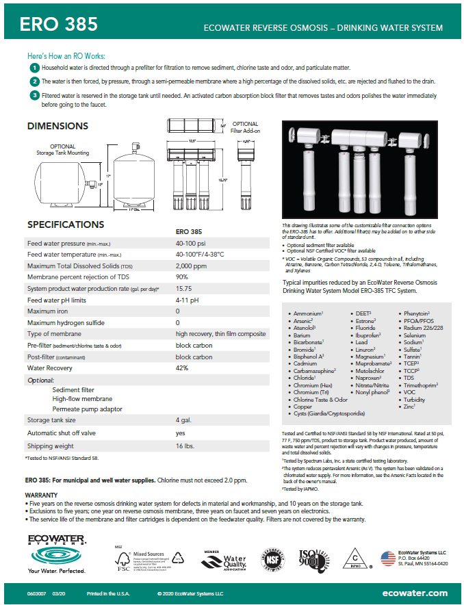 ECOWATER - ERO 385 Reverse Osmosis Sink System