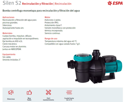 Bomba de piscina ESPA modelo SILEN S2 300 - 3HP, 220V