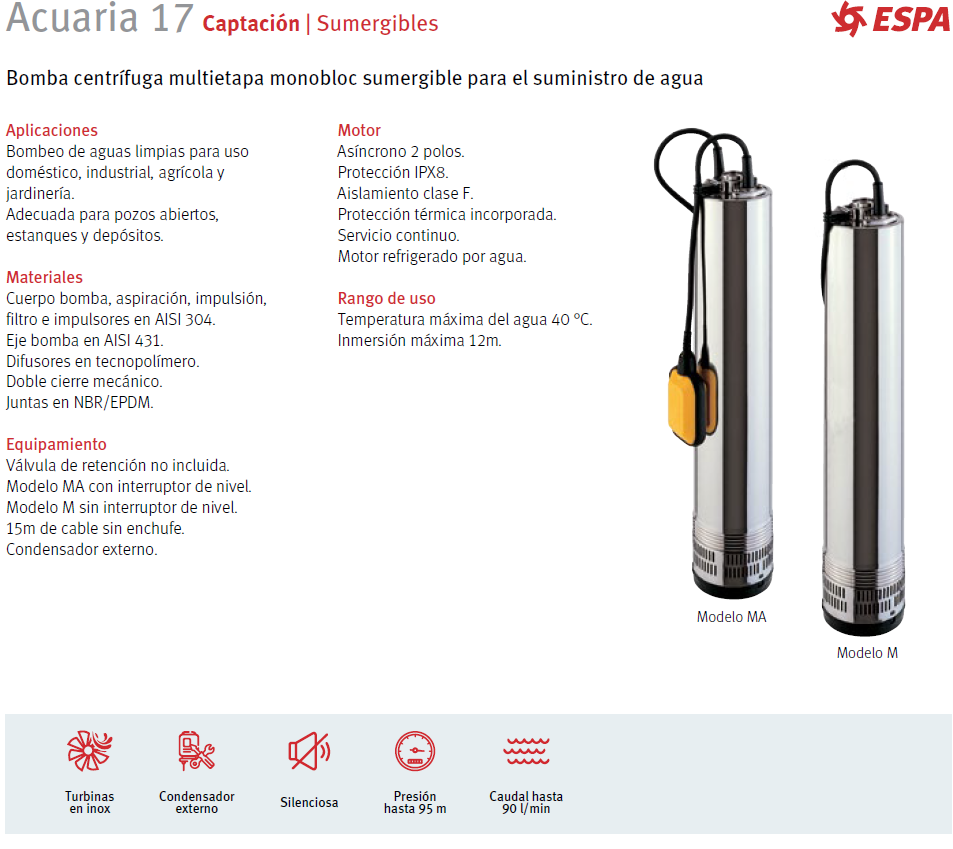 Bomba sumergible ESPA modelo Acuaria 17 4, 1.5 HP, 220V