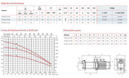 PRISMA 35 3N CENTRIFUGAL PUMP, 2 HP, 220 V, 1F