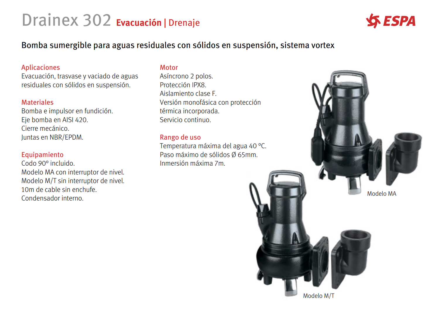 BOMBA DE DRENAJE DRAINEX 302, 1.5 HP, 220 V, 3 F