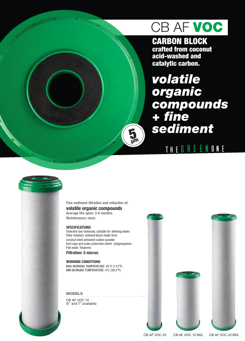 Cartucho para la filtración de compuestos orgánicos volátiles, cloro, olores y sabores desagradables y sedimentos finos 4.5"x20"
