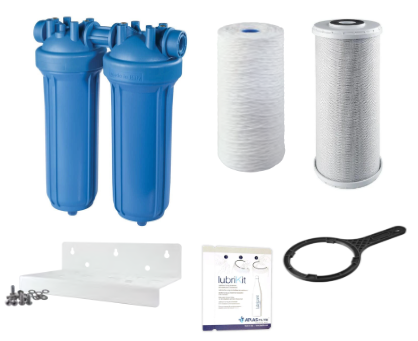 COMBO 8:  Filtración BIG 20 DUO para eliminar sedimentos (25 micras)  + cloro/olores/sabores - Punto de entrada