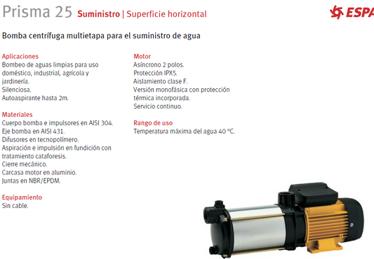 Bomba centrífuga multi-etapa PRISMA 25 4, 2 HP, 220V