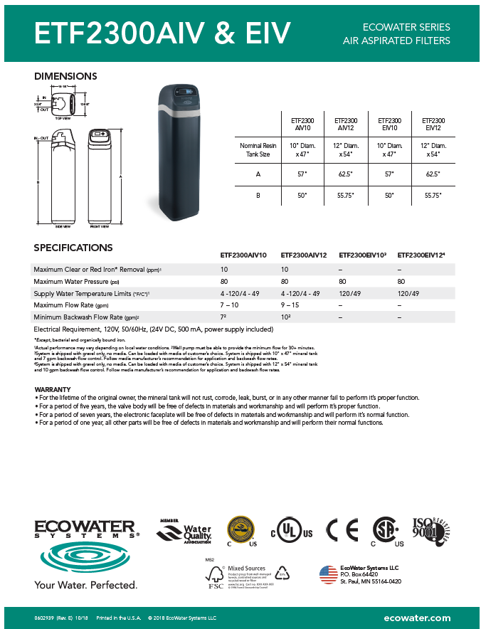 Filtro de sedimentos y de hierro ECOWATER -  ETF2300AIV12