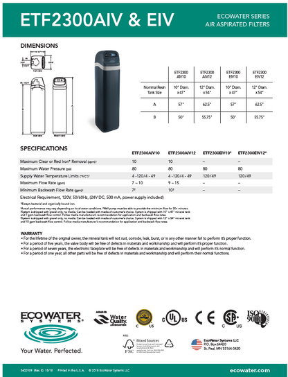 Filtro de sedimentos y de hierro ECOWATER -  ETF2300AIV12
