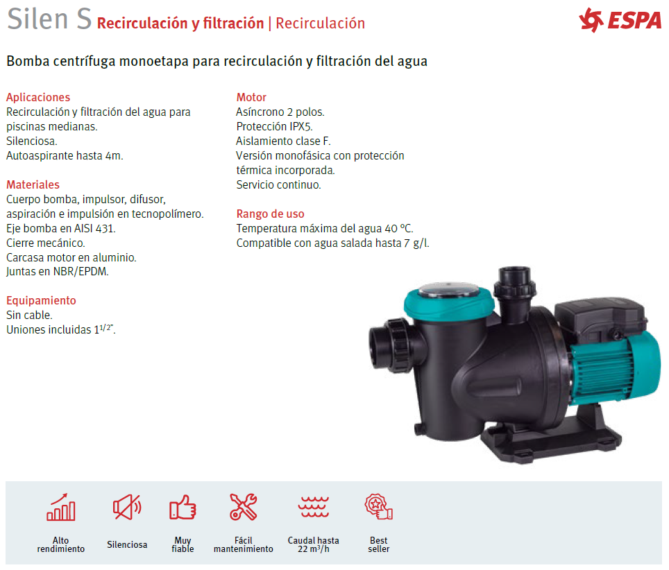 Bomba de piscina SILEN S75 - 3/4 HP, 220V