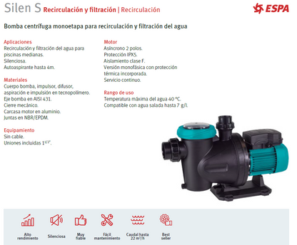 Bomba de piscina SILEN S150, 1.5 HP, 220V
