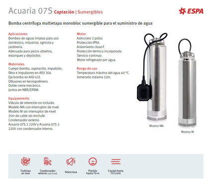 Bomba sumergible ACUARIA 07S 2M, 1/2 HP, 115V