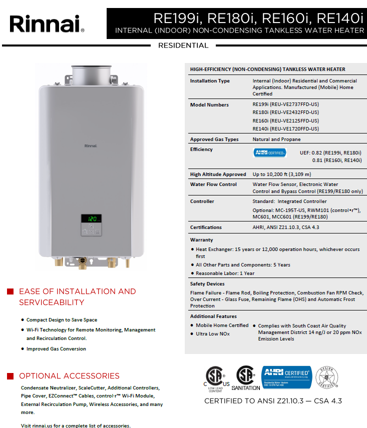 Calentador de paso RINNAI, No condensados - RE199iP - 199,000 btu/hr