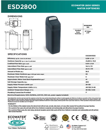 Suavizador ECOWATER ESD2800 R25- 1 ft3 - 22.8 gpm