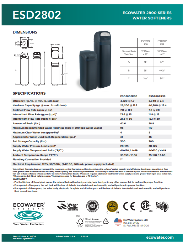 Suavizador ECOWATER ESD2802 R39 de 2ft3 - 25 gpm