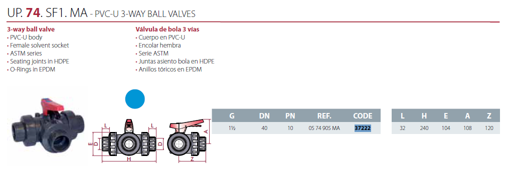 Válvula de bola de 3 vías, 1 1/2"