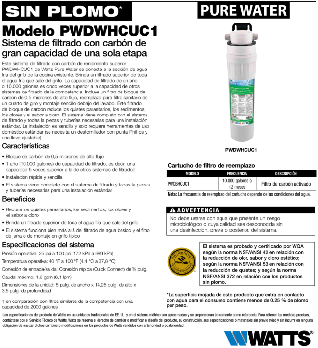 Cartucho de carbón activado PWCBHCUC1