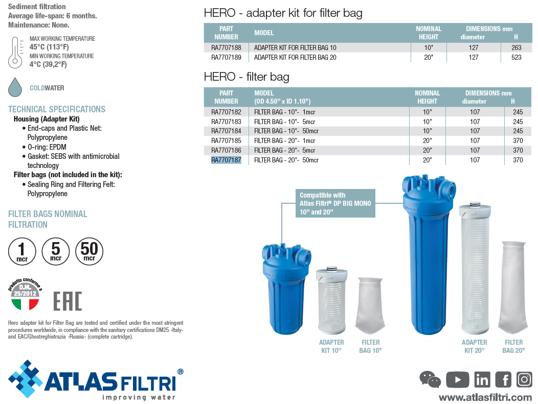 Filtro de bolsa para carcasas de 20" - 5 micras