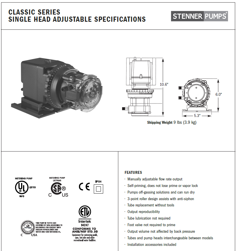 Bomba dosificadora - Stenner - hasta 3 gpd @ 100 psi