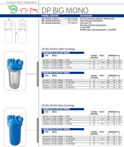 Carcasa para filtro BIG 10 azul - MONO 4.5"x10", 1" NPT
