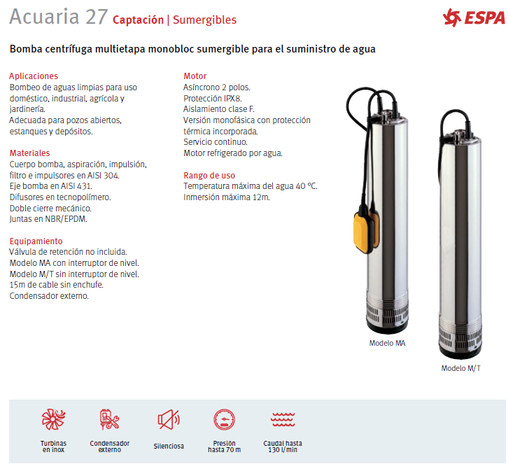 Bomba sumergible ESPA modelo Acuaria 27 4, 2HP, 220V monofásica