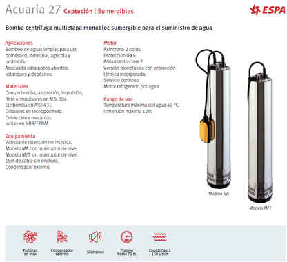 Bomba sumergible ESPA modelo Acuaria 27 4, 2HP, 220V monofásica