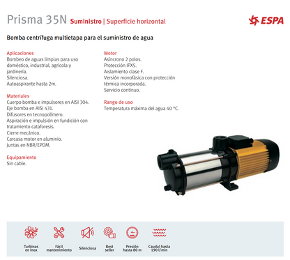 PRISMA 35 3N CENTRIFUGAL PUMP, 2 HP, 220 V, 1F