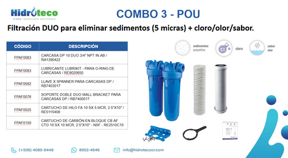 COMBO 3.  Filtración DUO para eliminar sedimentos (10 micras) + cloro/olor/sabor