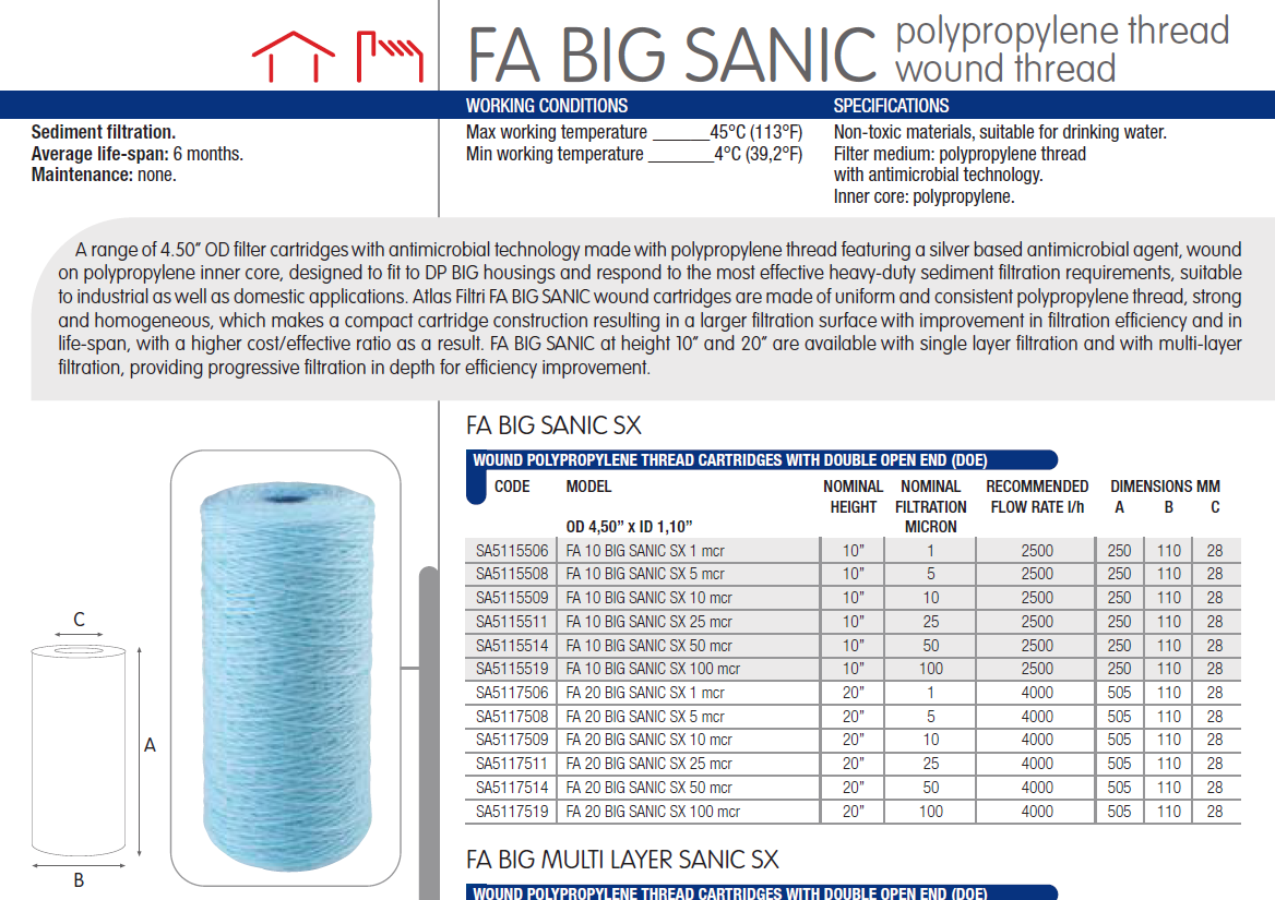 CARTUCHO DE HILO FA 10 BIG SANIC SX 10 Micras - 4.5"x10"